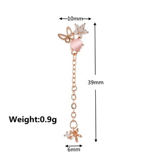 Detailed view of rose gold butterfly tassel earrings with size and weight measurements