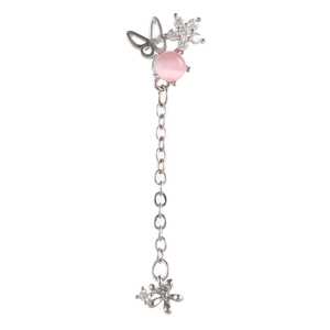 Close-up of long chain butterfly earrings with pink gemstone and floral accents