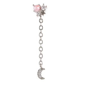 Detail of star and moon dangle earring with pink bead and zircon stone embellishments