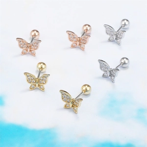 Classic butterfly stud earrings with zircon inlay in gold silver and rose gold finishes