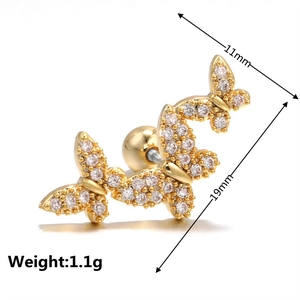 Macro view of butterfly cartilage stud earring with size and weight dimensions