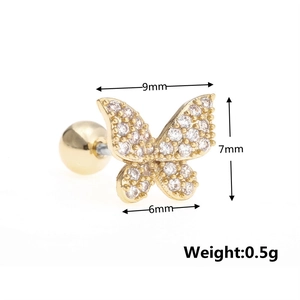 Detailed view of butterfly stud earring with clear zircons and 9mm wingspan