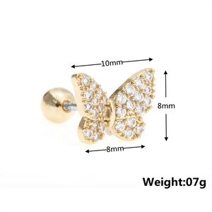 Detailed view of butterfly ear stud with white crystals and threaded screw back ball
