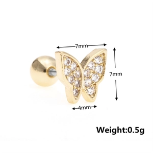 Detailed view of 18K gold plated butterfly cartilage stud earring with size dimensions