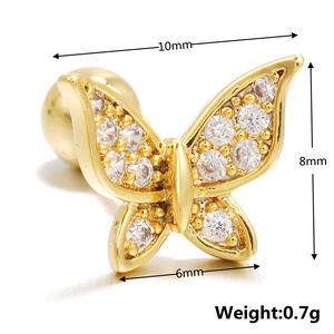 Macro view of 18K gold plated butterfly stud earring with zircon inlay and screw ball back