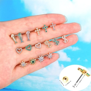 Cross Star Heart Fishbone Dollar Sign Ear Studs Brass Zircon Gold Plated Cartilage Piercing Jewelry For Women