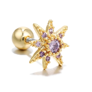 Minimalist gold star ear stud featuring purple zircon and secure ball back screw