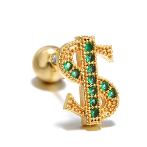 Minimalist gold dollar sign stud earring with green zircon and screw ball back