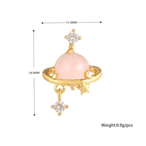 Pink planet-shaped stud earring featuring gold stars and dimensions of 11.5mm by 14.5mm