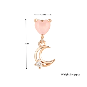 Macro detail of 18K rose gold heart and moon earrings with precise size dimensions