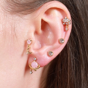 18K gold plated earring set featuring pink heart, moon, and planet charms with zircons