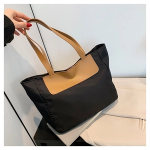Large Capacity Women Tote Bag Nylon Synthetic Leather Contrast Color Shoulder Handbag Minimalist Commute Fashion Zipper
