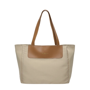Contrast color beige tote bag with brown leather handles and fashion logo stamp