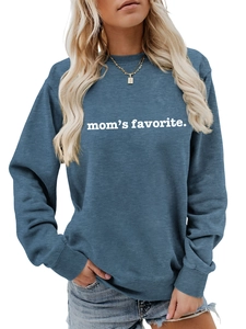 Close-up of mom's favorite bold print on blue crewneck sweatshirt with ribbed cuffs