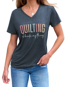 Detail of V-neck grey t-shirt with QUILTING is kinda my thing graphic text print