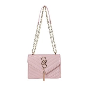 Pink V-quilted leather chain bag with golden S logo and tassel for women's crossbody wear