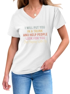 Detail of white V-neck T-shirt showing colorful humorous slogan print for women