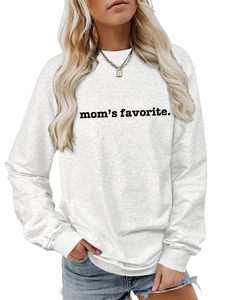 Detail of mom's favorite slogan print on casual grey crewneck sweatshirt for women