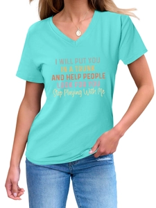 Detail of colorful lettering print on Tiffany blue V-neck cotton T-shirt for women