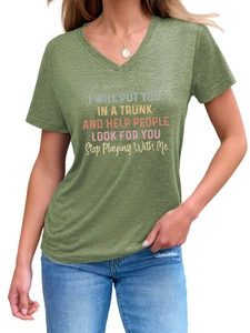 Detail of colorful gradient text print on green V-neck t-shirt with heather texture