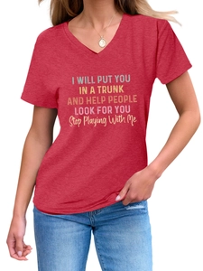 Detail of red heathered V-neck T-shirt with vintage humor lettering and soft fabric texture