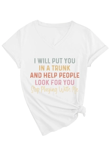 Detail of white V-neck T-shirt with colorful text print and stylish front hem knot