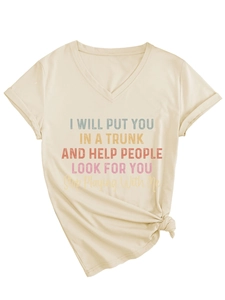 Close-up of V-neck cotton T-shirt with colorful text print and stylish front knot detail