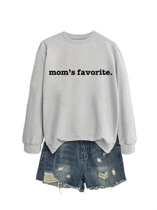 Close-up of mom's favorite lettering on light gray cotton crewneck sweatshirt