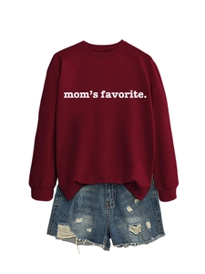 Detail of mom's favorite lettering on burgundy crewneck sweatshirt and denim shorts