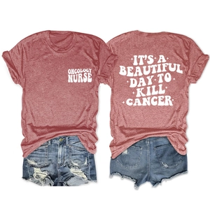 T-shirt infirmière oncologie avec slogan It's a Beautiful Day to Kill Cancer sur rouge chiné