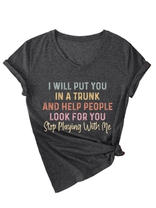 Detail of dark gray V-neck tee with colorful humorous text and side knot design