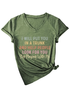 Detail of army green V-neck T-shirt with colorful slogan and decorative front knot