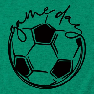 Detail showing game day text and football graphic on green knit short sleeve t-shirt