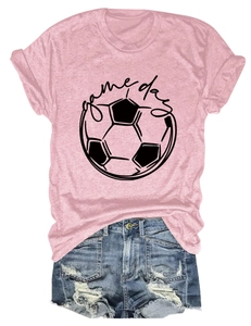 Detail of pink Game Day soccer t-shirt and distressed denim shorts casual outfit set