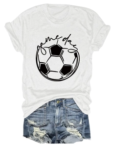 Detail of rolled cuff white cotton T-shirt featuring a football game day graphic