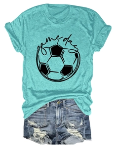 Detail of turquoise cotton T-shirt featuring game day football print and distressed denim shorts