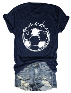 Close-up of navy Game Day t-shirt cotton texture and white football print graphic