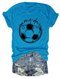 Detail of blue game day T-shirt with football graphic and distressed denim shorts