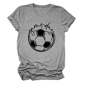 Detail of gray Game Day t-shirt featuring football graphic and rolled cuff design