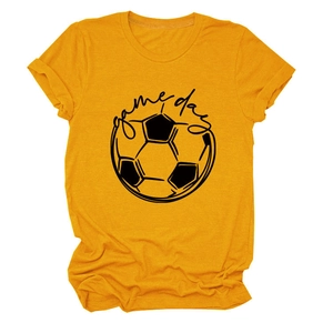 Detail of the soft mustard yellow crew neck T-shirt with game day football print design