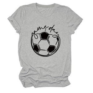 Close-up of rolled sleeves and Game Day football print on grey cotton t-shirt