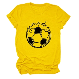 Detail shot of bright yellow game day cotton t-shirt with soccer ball graphic print