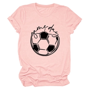 Detailed view of pink casual Game Day soccer graphic cotton t-shirt with crew neck