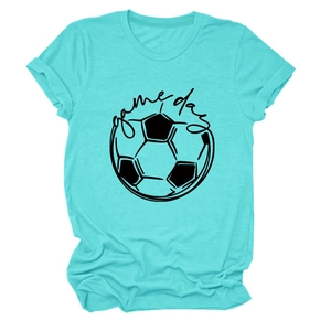 Detail of turquoise Game Day t-shirt featuring football print and rolled sleeve cuffs