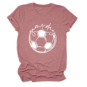 Detail shot of the dusty rose cotton fabric and white game day football print on t-shirt