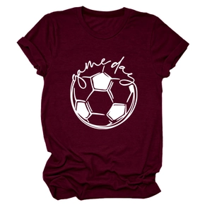 Detail of burgundy Game Day crewneck t-shirt featuring a football graphic and white lettering