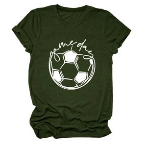 Detail of the soft cotton texture and game day soccer print on forest green t-shirt