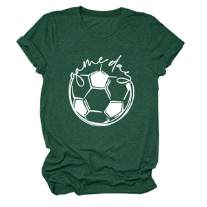 Close-up of a dark green crew neck T-shirt featuring a white game day football print