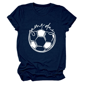 Detail of navy blue game day t-shirt featuring football print and folded sleeve cuffs
