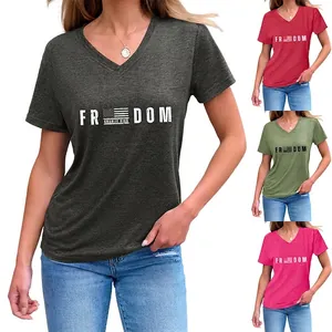 T-Shirt Décontracté à Col en V et Manches Courtes pour Femmes Imprimé Graphique Freedom Slogan Mélange de Coton